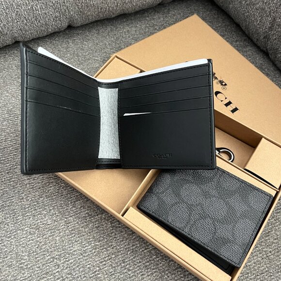 NWT COACH Men's Black 3 Piece Canvas Calf Leather Wallet Set in Gift Box CW344 - Picture 4 of 7